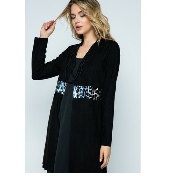 VOCAL Long Sleeve Black Suede Cardigan Jacket Animal Print Accents Size Large - Picture 1 of 3